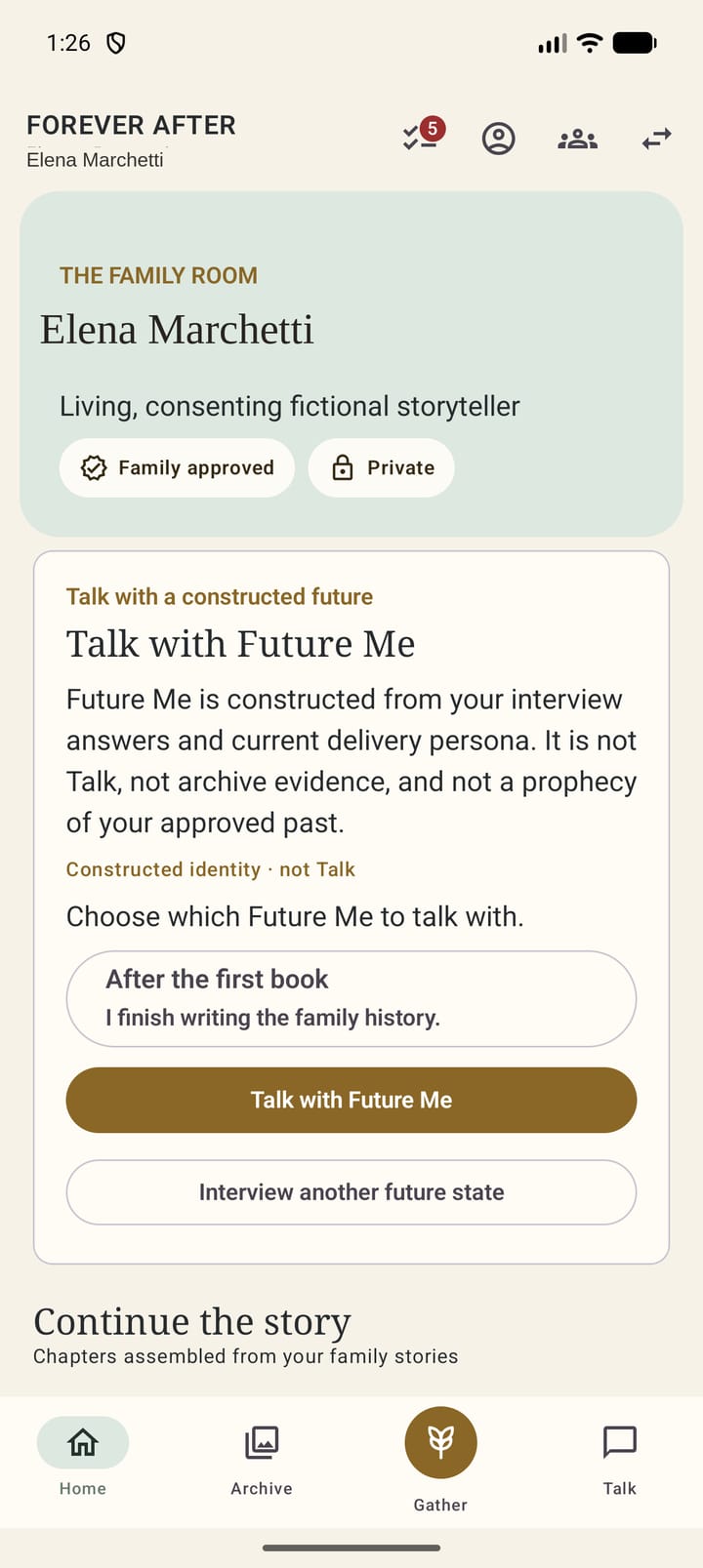 Native iOS Home for Elena Marchetti showing the Talk with Future Me card and constructed-identity disclosure.