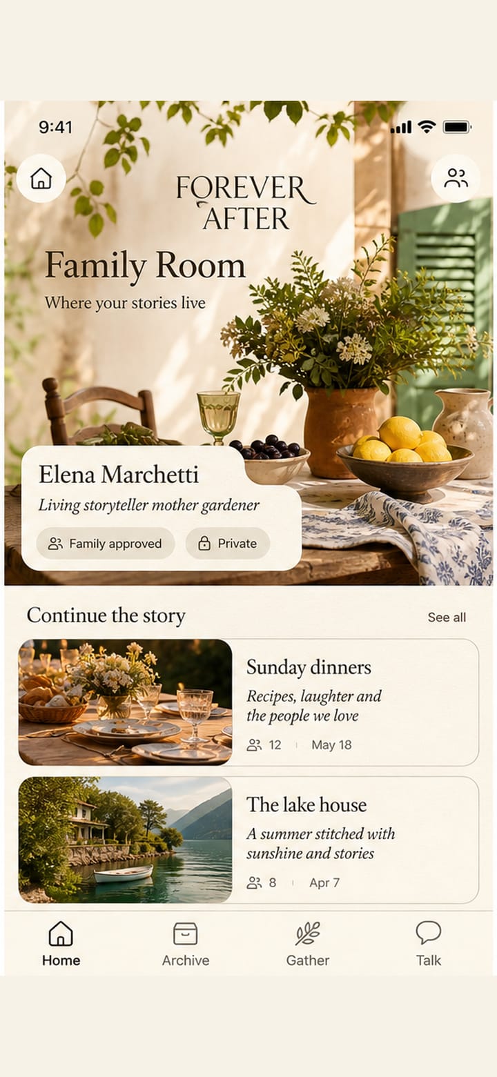 Native iOS Home for the Elena Marchetti demo archive, showing Family Room, Continue the story cards, and Home Archive Gather Talk tabs.